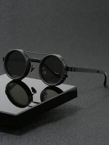 Solid Color Retro Kaleidoscope Style Rotatable Party Fashion Glasses, Party, Gathering, Travel, Fashion Steampunk Style Rotatable Lens Glasses - Adjustable Brightness, Alloy Frame, Black Frame With Gray Lens, Suitable For Masquerade And Fashion Accessories, Fashion Statement Glasses | Steampunk Glasses | Alloy Frame Glasses