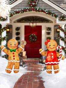 2件套户外圣诞装饰品，姜饼男孩和女孩塑料庭院插牌，姜饼屋圣诞庭院插牌，16英寸简约冬季标志，适用于草坪、花园、前门、农舍门廊等。圣诞节假日小径花园露台派对礼物 - 彩色 - 查看 6