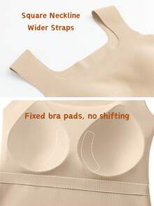 Women's Built-In Bra Tank Top Ribbed Slim Fit Wirefree Shelf Padded Tank Shirts Wide-Strap Square Neck Undershirt - Khaki - View 5
