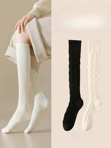 1/2/3/6 Pairs Women Thick Fleece Thigh High Socks, Cable Chain Design, Multi-Color Random, Fashion Versatile Over-The-Knee Socks Suitable For Daily Wear, Students, Girls, Autumn/Winter
