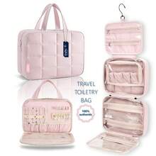 Travel Toiletry Bag & Makeup Bag With Jewelry Storage , Portable Hanging Organizer For Full-Sized Shampoo, Conditioner, Brushes Set, Makeup Accessories,Travel Essential,Large Size - 淺粉色 - 查看 10