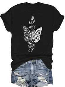 Camiseta con estampado de flores y mariposas para mujer y unisex, de verano, casual, transpirable y de personalidad, con cuello redondo y manga corta, para uso versátil, adecuada para adolescentes y adultos - Negro - Ver 1