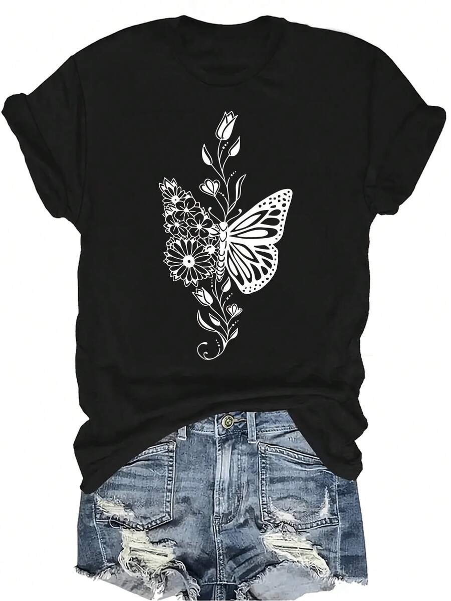 Camiseta con estampado de flores y mariposas para mujer y unisex, de verano, casual, transpirable y de personalidad, con cuello redondo y manga corta, para uso versátil, adecuada para adolescentes y adultos - Negro - Ver 1