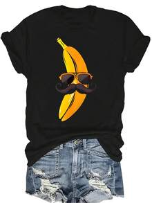 Camiseta de mujer con diseño divertido de plátano con bigote, de estilo casual y transpirable, de cuello redondo y manga corta, adecuada para adolescentes y adultos - Negro - Ver 1