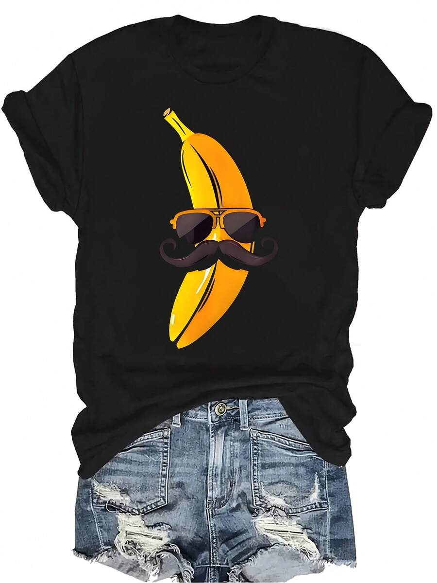 Camiseta de mujer con diseño divertido de plátano con bigote, de estilo casual y transpirable, de cuello redondo y manga corta, adecuada para adolescentes y adultos - Negro - Ver 1
