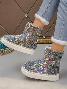 Botas de neve femininas plus size com lantejoulas coloridas e cano médio, moda inverno, lançamento, forro macio, quentes, confortáveis, versáteis, botas curtas antiderrapantes para uso diário - cor cinza - Ver 4