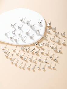 Bộ 60 khuyên tai kim loại thời trang hình bướm, trái tim, đính đá, mặt trăng, nơ, hoa, quà tặng trang sức, phù hợp cho phụ nữ đeo hàng ngày. - Bạc - Xem 2
