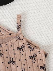 Young Girls Solid Ribbed Bow & Heart Print Fuzzy Long Sleeve Crop Top + Cami Dress 2-Piece Set