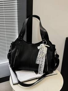 Lightweight Business Casual Portable Rivet Detail Shoulder Tote Bag, Suitable For White-Collar, Teachers, Young Female College Students, Teacher's Day, Work, Business, Commuting, University And Other Occasions. Also Suitable For Young Female College Students, Career Starters And White-Collar Workers. Very Suitable For Office, Work And Business Occasions. - Black - View 5