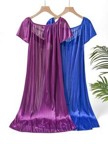 2-Pack Women's Floral Embroidered Off-Shoulder Satin Nightdress Set: Smooth Striped Fabric, Bow Accent, Short Sleeves, Vibrant Colors-Elegant Design Meets Cozy Comfort For Restful Sleep & Relaxing Lounging - Tím đậm + Xanh hoàng gia - Xem 3