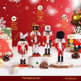 4个13厘米胡桃夹子挂饰，木制胡桃夹子士兵摆件，圣诞节假日家居装饰，木制圣诞装饰品，家庭派对装饰，圣诞树装饰品，适用于圣诞节、节日派对、家居装饰、节日装饰、派对礼品、房间装饰、冬季