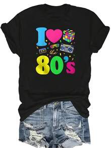 Amo los 80, Camiseta vintage de los años 80 para mujer, unisex, de verano, casual, transpirable, con personalidad, cuello redondo, manga corta, ropa de calle, versátil, adecuada para adolescentes y adultos - Negro - Ver 1