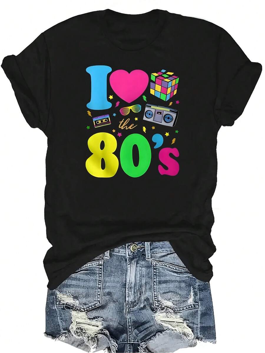 Amo los 80, Camiseta vintage de los años 80 para mujer, unisex, de verano, casual, transpirable, con personalidad, cuello redondo, manga corta, ropa de calle, versátil, adecuada para adolescentes y adultos - Negro - Ver 1