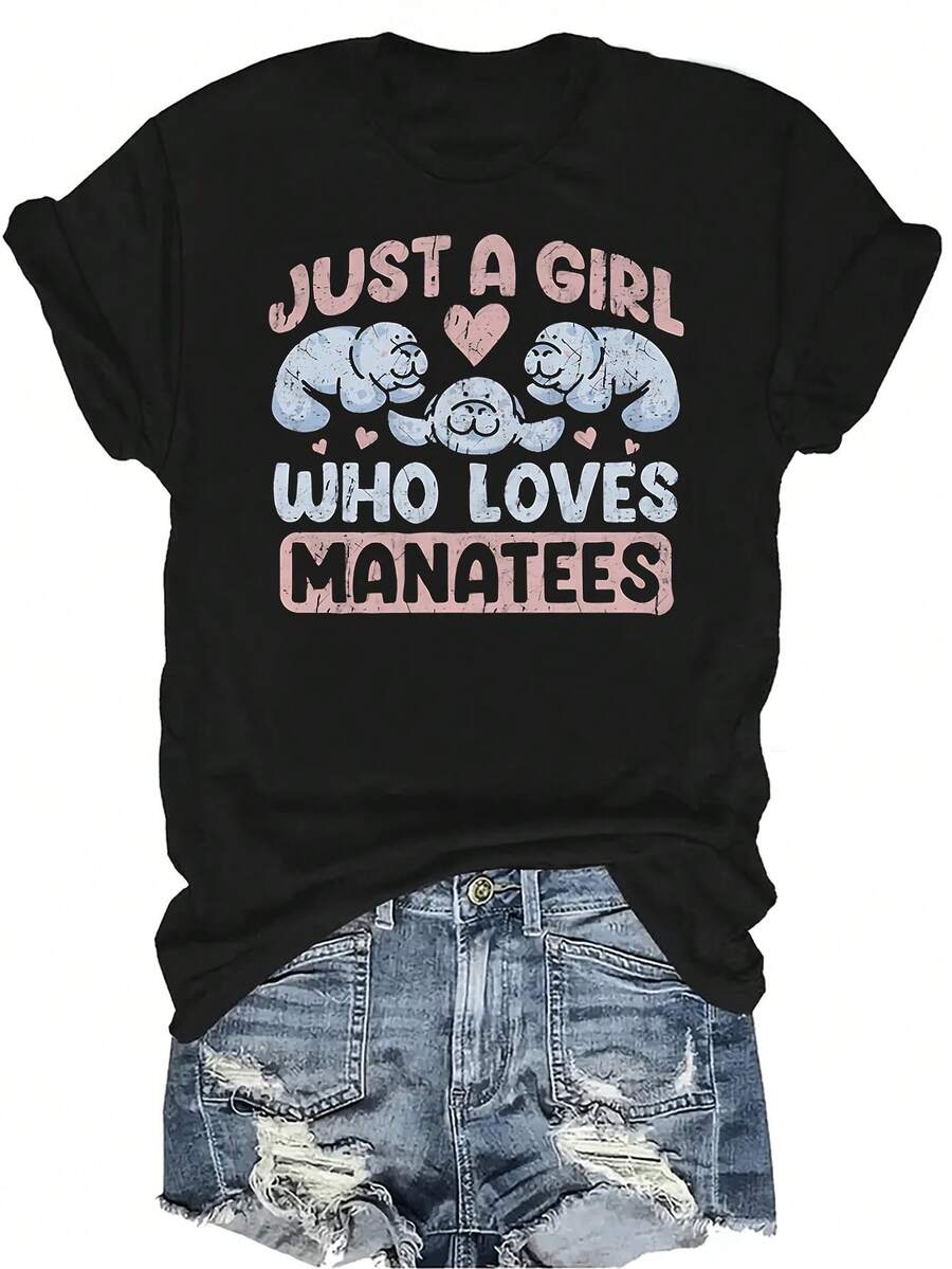 Camiseta "Solo una chica que ama los manatíes" para mujer y unisex, de verano, casual, transpirable, con personalidad, cuello redondo, manga corta, ropa de calle, versátil, adecuada para adolescentes y adultos - Negro - Ver 1