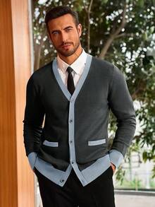 Men's Long Sleeve Button Down Knitted Cardigan Sweater With Pockets, Casual Style - Dark Grey - View 4