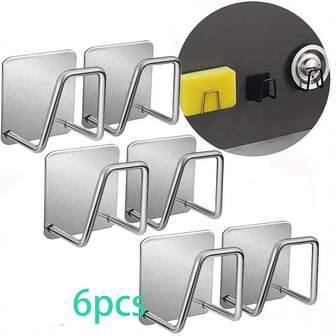 6-Piece Stainless Steel Storage Drain Rack, Kitchen Sink Drain Drying Rack, Self-Adhesive Sink Sponge Holder Bathroom Sponge Holder Hook, Space-Saving Cleaning Tool Accessories