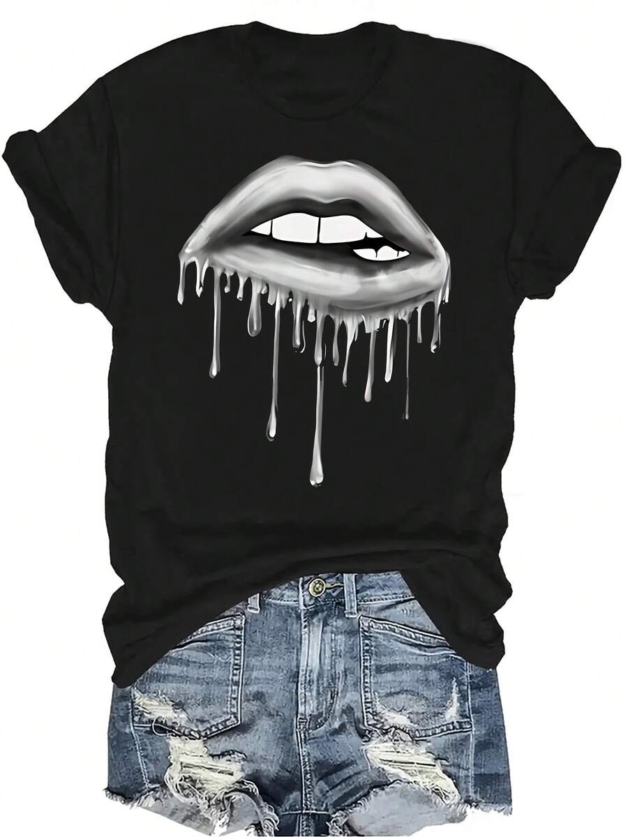 Camiseta de mujer con estampado de labios plateados que gotean, unisex, de verano, casual, transpirable, de personalidad, de cuello redondo, de manga corta, de uso versátil, adecuada para adolescentes y adultos - Negro - Ver 1