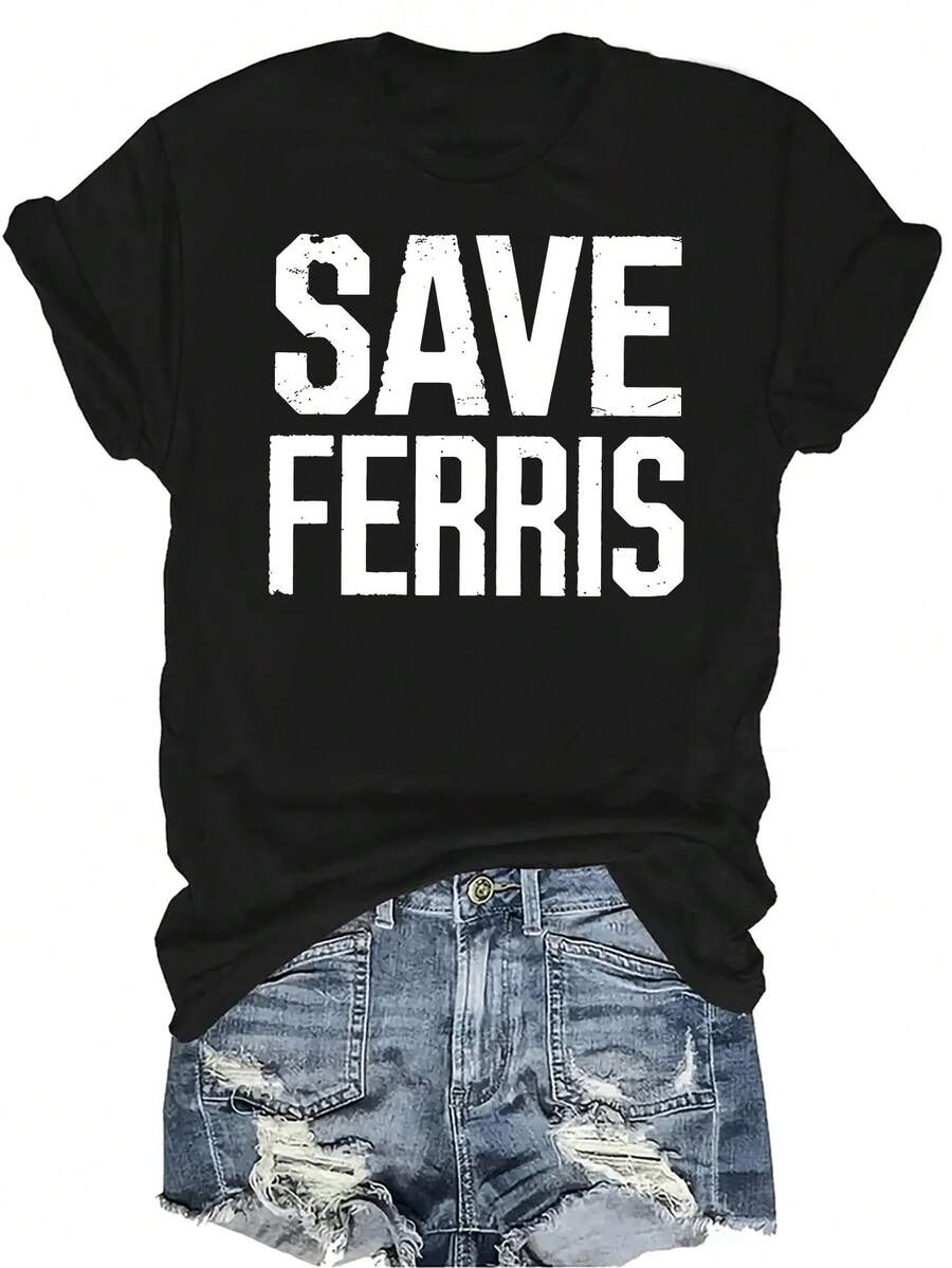 Camiseta "Save Ferris" para mujer y unisex, de verano, casual, transpirable, con personalidad, cuello redondo, manga corta, ropa de calle, versátil, adecuada para adolescentes y adultos - Negro - Ver 1