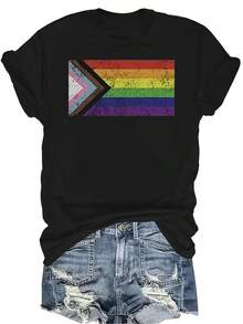 Camiseta con bandera del Orgullo Progresista para mujer y unisex, de verano, casual, transpirable, con personalidad, cuello redondo, manga corta, ropa de calle, versátil, adecuada para adolescentes y adultos - Negro - Ver 1