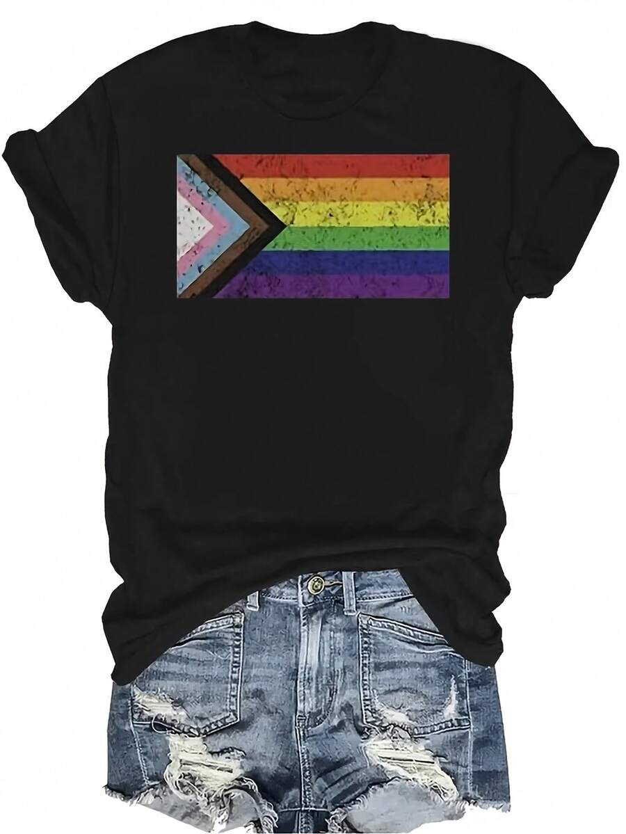 Camiseta con bandera del Orgullo Progresista para mujer y unisex, de verano, casual, transpirable, con personalidad, cuello redondo, manga corta, ropa de calle, versátil, adecuada para adolescentes y adultos - Negro - Ver 1