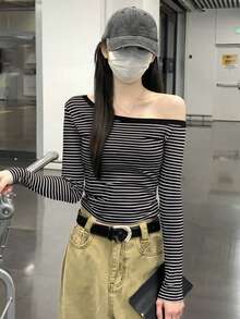 Women Slim Fit Casual Striped Oblique Shoulder Long Sleeve Layering T-Shirt, Minimalist Spring/Autumn Top