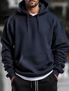 GRDR Men's Casual Street Hooded Sweatshirt, Solid Color With Thermal Lining, Loose Fit, Autumn/Winter - Navy Blue - View 5