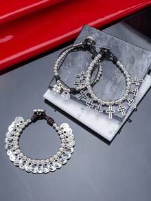 1PC New Simple And Fashionable Street Y2K Asymmetric Cross Clover Round Tassel Braided Bead Bracelet, Suitable For Men And Women's Daily Matching, Suitable For Party And Birthday Gifts Autumn/Winter Halloween