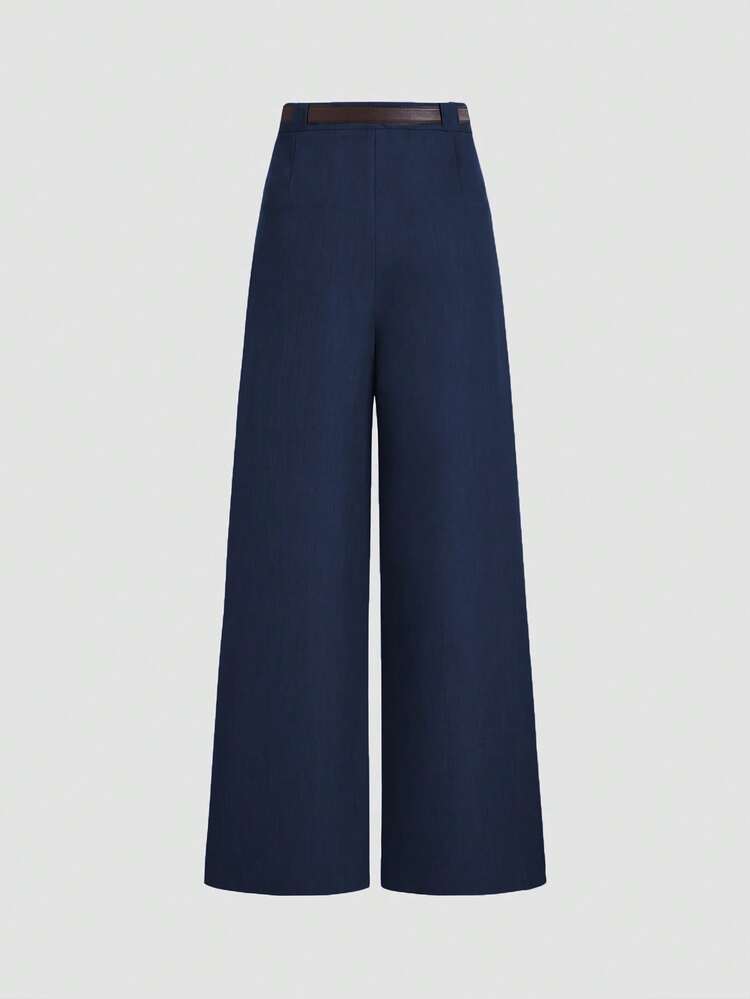 Pantalones de pierna ancha minimalistas y versátiles para mujer, de cintura alta, estilizadores, de pierna recta, aptos para todas las estaciones - azul real - Añade 3