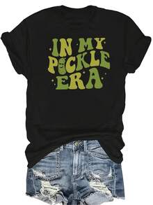 Camiseta única "En mi era del pepinillo" para mujer y unisex, de verano, casual, transpirable, con personalidad, cuello redondo, manga corta, ropa de calle, versátil, adecuada para adolescentes y adultos - Negro - Ver 1
