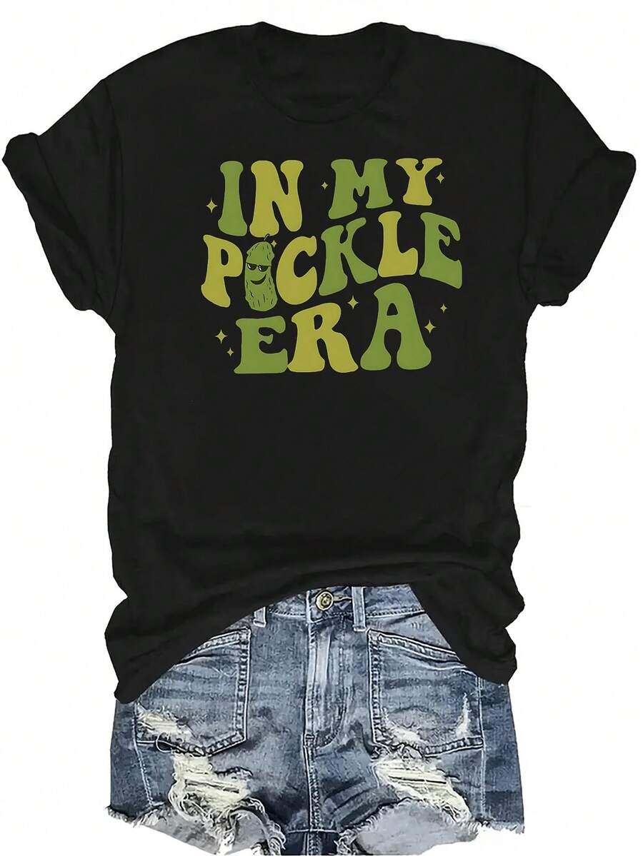 Camiseta única "En mi era del pepinillo" para mujer y unisex, de verano, casual, transpirable, con personalidad, cuello redondo, manga corta, ropa de calle, versátil, adecuada para adolescentes y adultos - Negro - Ver 1