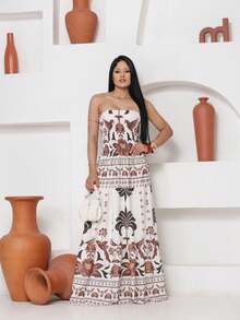 Look Of Millions!!! Long Strapless Dress With Floral Print - Medium Wash - View 2