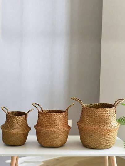 Woven Storage Basket Folding Clthoes Laundry Basket Straw Wicker Rattan Storage Flower Pot Beach Picnic Basket