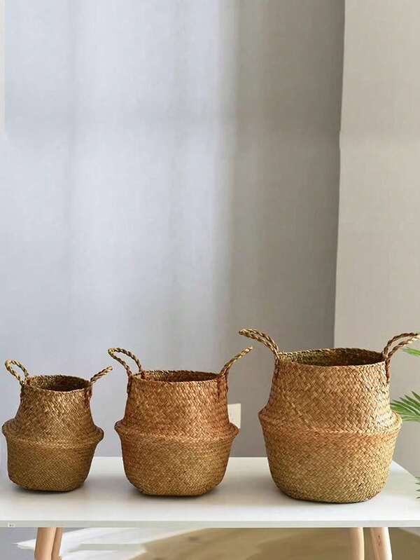 Woven Storage Basket Folding Clthoes Laundry Basket Straw Wicker Rattan Storage Flower Pot Beach Picnic Basket