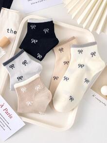 5 Pairs Women's Cute Breathable Bow Pattern Short, Simple And Comfortable Crew Socks, Ankle Socks, White Socks, Black Socks For Daily & Casual Wear, Suitable For Fall&Winter, For All Seasons