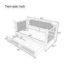 TWIN CHILDREN'S SOFA BED WITH WALNUT FRAME AND TRADITIONAL RATTAN TRIM. COMES WITH TWO DRAWERS, PERFECT FOR A BEDSIDE TODDLER BED OR CHILDREN'S BED IN ROOMS WITH LIMITED SPACE AND NO BOX SPRING MATTRESS. ANTIQUE WALNUT