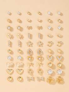 60pcs Fashion Metal Butterfly, Heart, Rhinestone, Moon, Bow Knot, Flower Stud Earrings Set, Jewelry Gift, Suitable For Women's Daily Wear - Yellow Gold - View 6