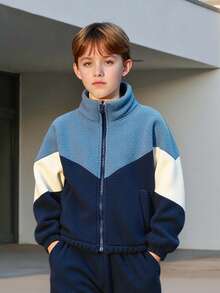2pcs/Set Tween Boy Thick Long Sleeve Jacket And Pants Set, Color Block Design, Stand Collar Zipper Jacket, Casual And Comfortable Outdoor Outfit, Autumn/Winter