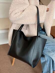 Large Capacity Solid Color Simple Tote Bag, Suitable For Shopping, Wallet, Young Women, College Students, Beginners, White-Collar. Ideal For Office, University, Work, Business, Commuting, Outdoor Activities, Travel And Picnics - Black - View 4