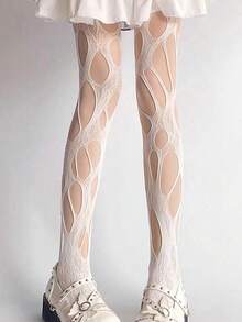 1pc Women's One Size Fits All Coffee Brown Asymmetrical Hole Fishnet Stockings, Suitable For All Seasons And Outfits - trắng - Xem 8