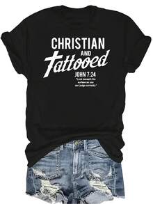 Camiseta de algodón puro con estampado de letras cristianas, para mujer y unisex, de verano, casual, transpirable, de cuello redondo, de manga corta, de uso versátil, adecuada para adolescentes y adultos - Negro - Ver 1