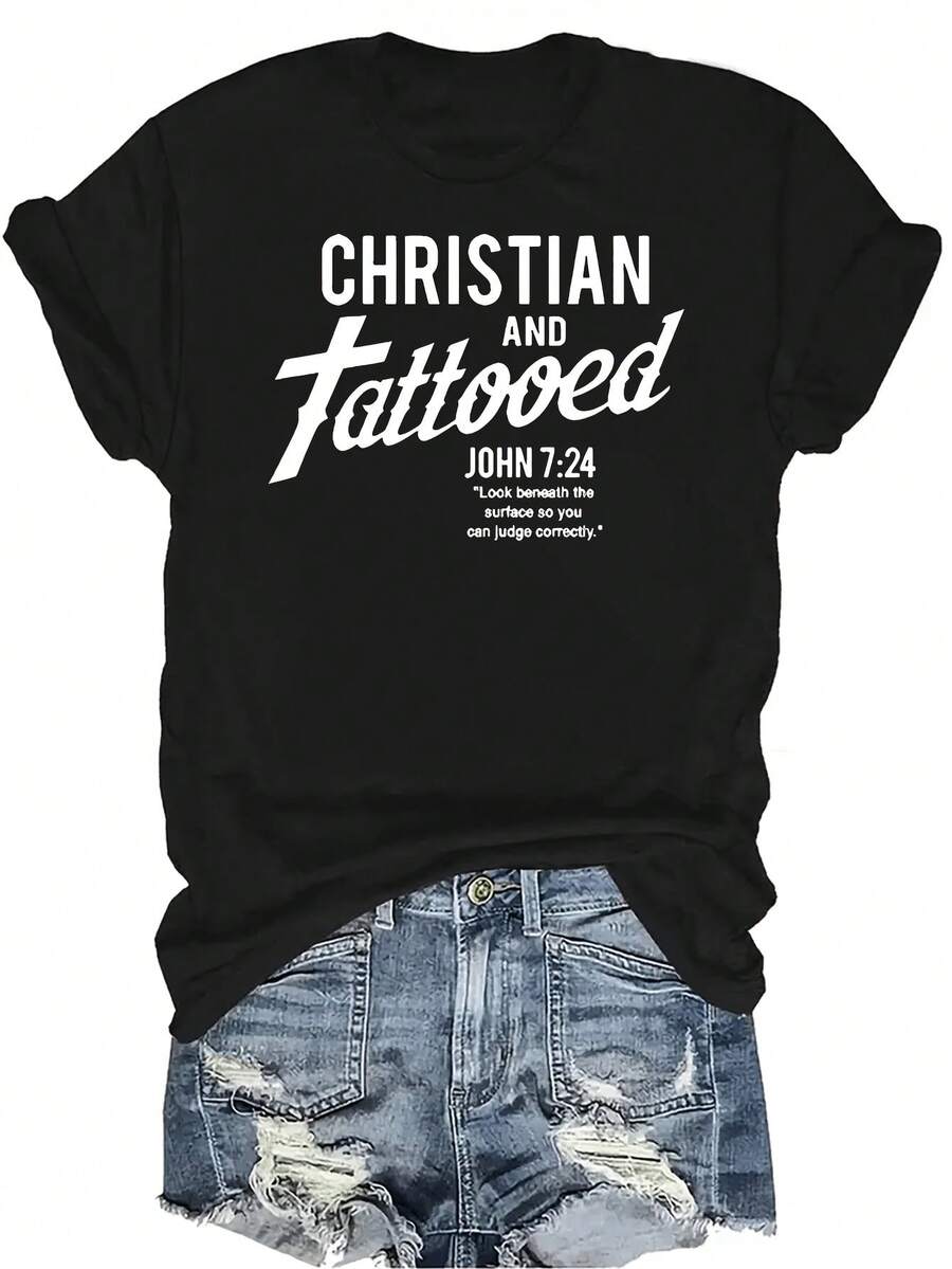 Camiseta de algodón puro con estampado de letras cristianas, para mujer y unisex, de verano, casual, transpirable, de cuello redondo, de manga corta, de uso versátil, adecuada para adolescentes y adultos - Negro - Ver 1