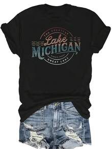 Camiseta The Great Lakes para mujer y unisex, de verano, casual, transpirable, con personalidad, cuello redondo, manga corta, ropa de calle, versátil, adecuada para adolescentes y adultos - Negro - Ver 1