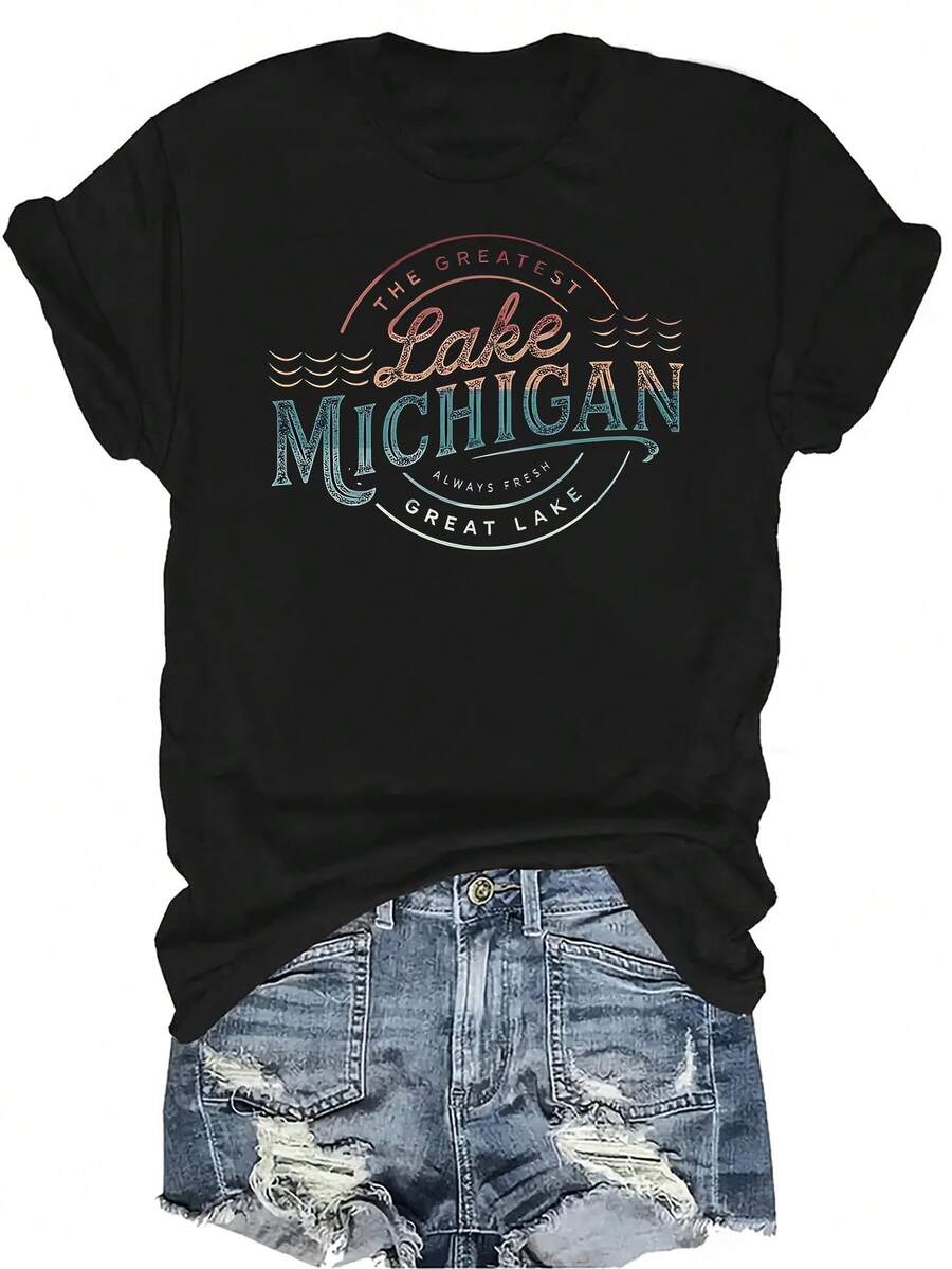 Camiseta The Great Lakes para mujer y unisex, de verano, casual, transpirable, con personalidad, cuello redondo, manga corta, ropa de calle, versátil, adecuada para adolescentes y adultos - Negro - Ver 1