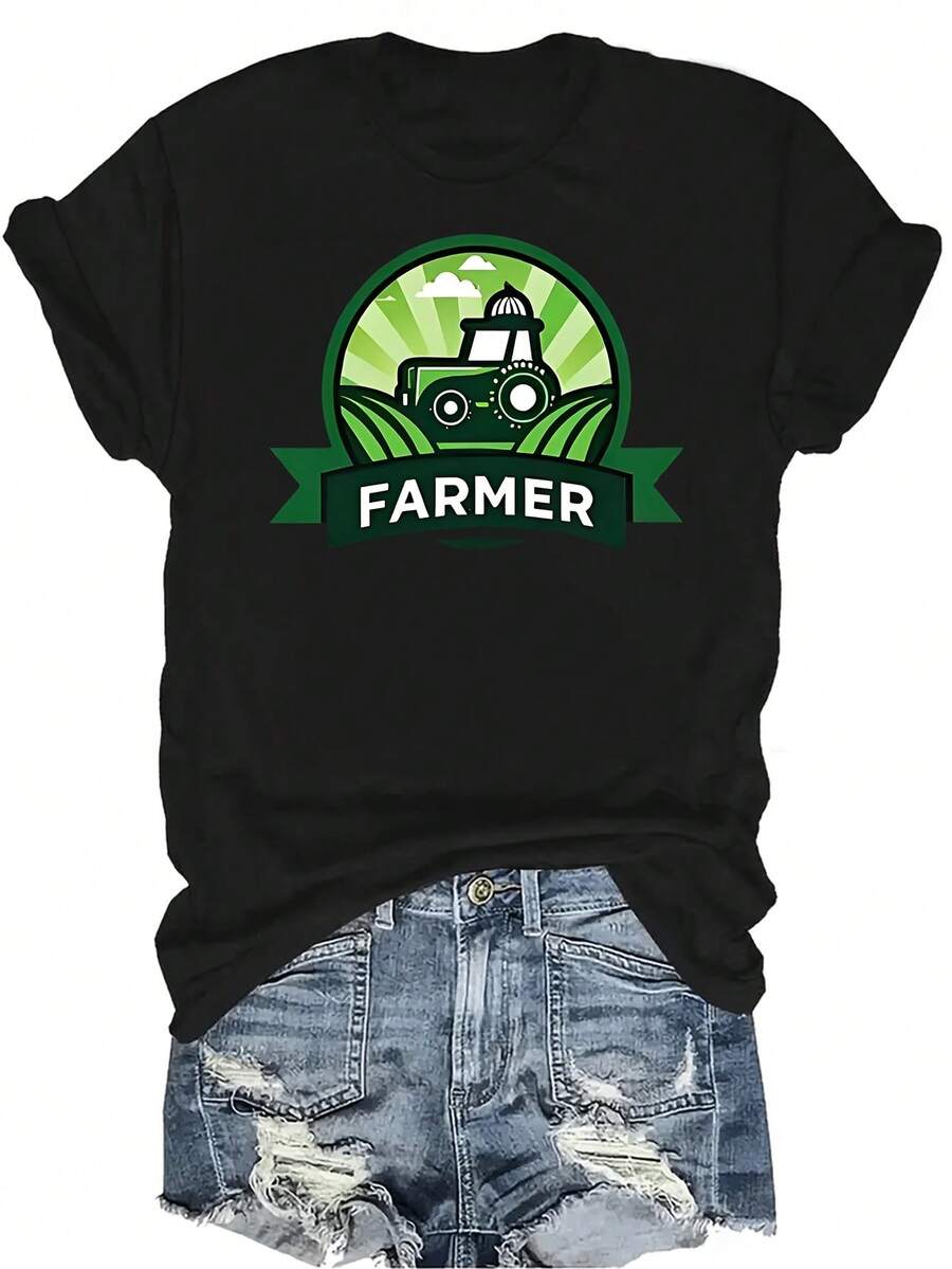 Camiseta transpirable y ligera con estampado de tractor para hombres, mujeres y unisex. Camiseta de manga corta de cuello redondo, casual y de verano, con diseño versátil y adecuada para adolescentes y adultos - Negro - Ver 1