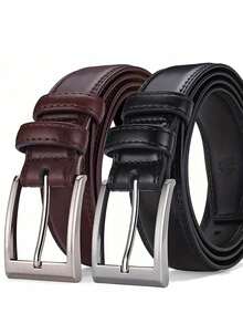 男士皮带套装（2件装） - 经典黑色，商务休闲风格，金属扣，适合工作场合，是送给爸爸或丈夫的完美礼物，单针扣，正式皮带，秋冬季配饰，适合青少年、年轻男士，休闲、户外、运动、度假、毕业礼物、生日礼物、日常穿着 - 2pc(黑色+棕色) - 查看 9