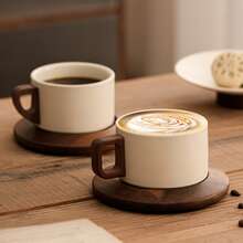 1 Set 250ml/8.45oz Cream-Color Thick Ceramic Coffee Mug With Saucer, Classic Straight Design, Heat-Resistant Handmade Coffee Cup, Highly Attractively Large Capacity Cup, Suitable For Coffee Art Tea Cup, For Home, Cafe And Gift - Multicolor - View 7