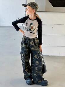 Girls' Versatile Camouflage Cargo Pants, New Outdoor Casual Sports Loose Straight Leg Trousers, Tween Girl & Teens Clothing