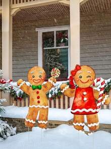 2件套户外圣诞装饰品，姜饼男孩和女孩塑料庭院插牌，姜饼屋圣诞庭院插牌，16英寸简约冬季标志，适用于草坪、花园、前门、农舍门廊等。圣诞节假日小径花园露台派对礼物 - 彩色 - 查看 2