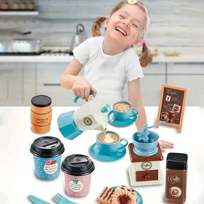 11 delar simulerad kaffeservis bordsartiklar DIY dockhustillbehör, mockakanna, kaffekvarn, croissant etc., simuleringsleksaker croissant teaterspel set kök heminredning, realistiskt eftermiddagste, rollspel simulerad matlagning, födelsedagspresenter