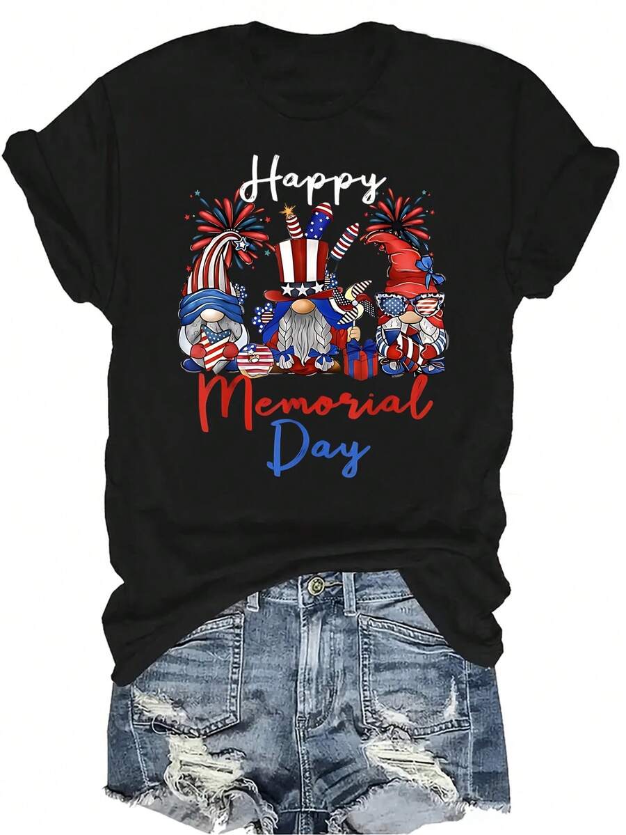 Camiseta de mujer y unisex con bandera de EE. UU. para el Día de los Caídos y el 4 de julio, de estilo casual y transpirable, con cuello redondo y manga corta, adecuada para adolescentes y adultos - Negro - Ver 1